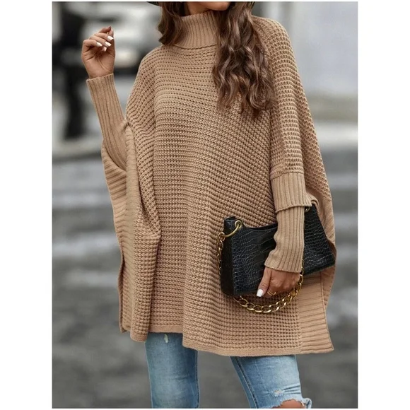 Cozy Turtleneck Oversized Poncho Sweater Top - Picture 3 of 5